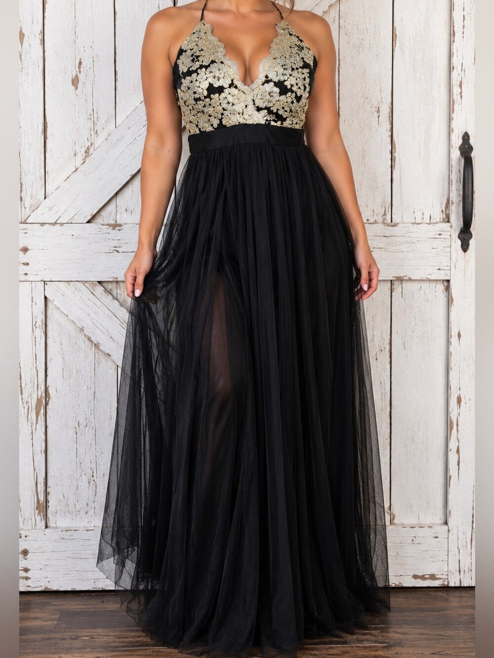 Windsor Black Gold Floral Lace Tulle Maxi Dress Size M Homecoming Prom Evening